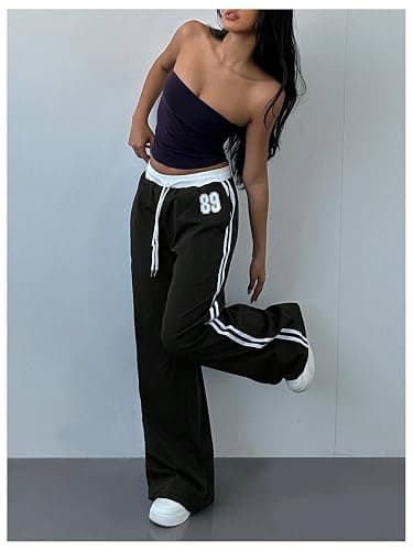 WDIRARA Women's Wide Leg Baggy Sweatpants Side Striped Number Graphic Track Pants with Pockets thumbnail 3