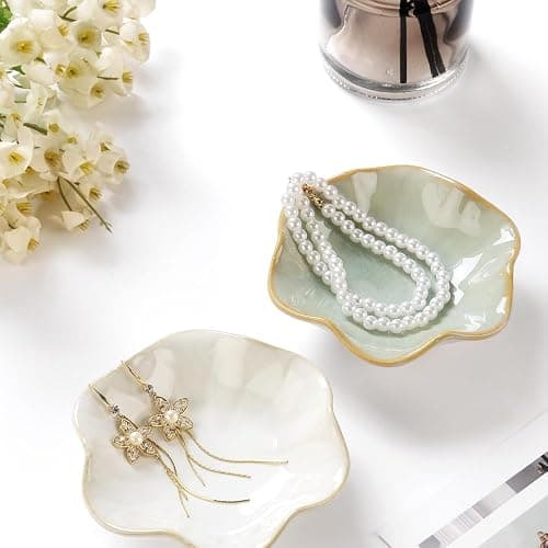JAMEND CLXP 2PCS Lotus Leaf Shape Ring Holder Dish, Small Key Bowl, Ceramic Trinket Tray Jewelry Dish Organizing Necklace Earrings for Mom Friend Sister, All Jewelries Are NOT Included, Light Green.… thumbnail 7
