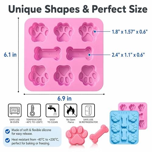 2 Pcs Silicone Puppy treat molds, Dog Paw and Bone Mold Ice Cube Mold, Jelly, Biscuits, Chocolate, Candy Baking Mold, Oven Microwave Freezer Dishwasher Safe-Pink & Blue (2) thumbnail 2