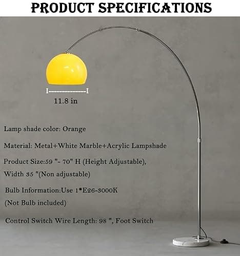 MIXL - Orange Arc Floor Lamp with Acrylic Shade,Arch Reading Lamp Floor Standing,Mid Century Modern Orange Standing Lamp for Living Room Bedroom thumbnail 9