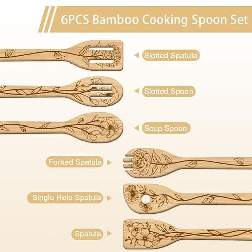 GLOBLELAND 6Pcs Floral Bamboo Cooking Utensils Wooden Engraved Cooking Spoons Set Carving Kitchen Bamboo Spatula Set for Women and Men Wood Cooking Spoon for Kitchen House Warming Gift thumbnail 4