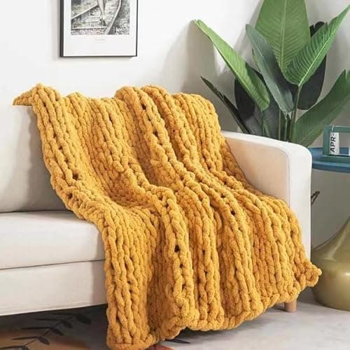 Chunky Knit Blanket Throw 40"*60", Hand Knitted Warm Chenille Throw Blanket, Home Decor Soft Thick Yarn Cable Knit Blanket,Soft Breathable Fleece Banket Christmas for Couch Bed Sofa Best Gift (Yellow) thumbnail 2