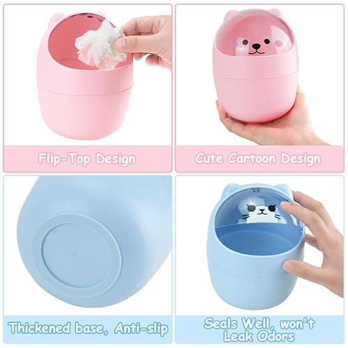 IBEQUEM Mini Trash Can, Cute Small Trash Can with Lid, Desktop Paper Bin with 5 Rolls of Bin Liners, Portable Tabletop Dustbin, Cartoon Animal Rubbish Storage for Office Bedroom Desk Car Kitchen(Pink) thumbnail 3