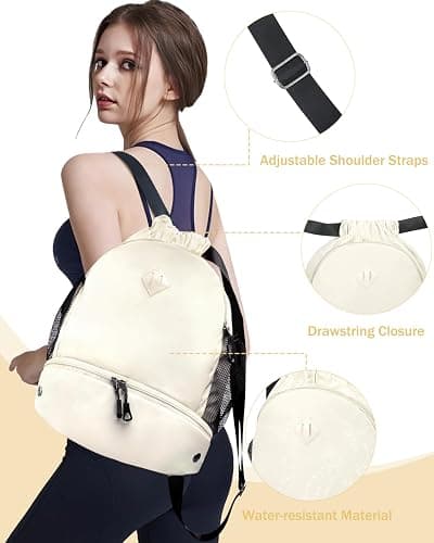 RHDZO Drawstring Backpack Gym Backpack with Shoe Compartment for Men Women String Sports Bag with Wet Pocket Cinch Swim Beach Bag, Beige (Patent Pending) thumbnail 4
