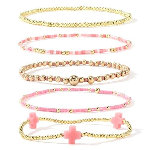 Bohxantium Gold Beaded Bracelets Stack for Women Stackable 14K Gold Plated Beads Ball Cross Bracelet Boho Christian Jewelry Faith Friendship Birthday Gifts for Women - Image 1