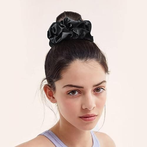 CEELGON Large Silk Satin Scrunchies for Women Big Scrunchies Jumbo Satin Hair Ties Oversized Hair Scrunchies for Thick Curly Hair Pack of 6 (Black,Champagne,Brown,Gold) thumbnail 6