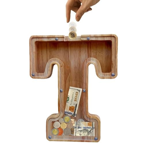 Large Piggy Bank for Kids Boys Girls, Personalized Wooden Letter Piggy Bank with Cut-Out Design, Alphabet Letter Coin Banks, Money Savings Box,Birthday Present for Kids Adults and Home Decoration (T) - Image 1
