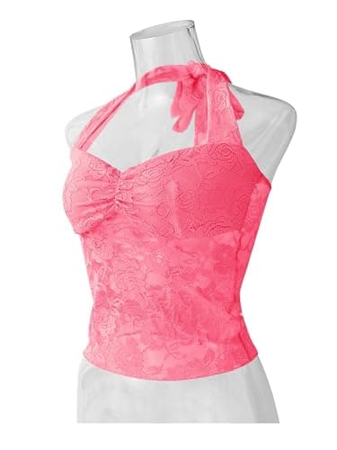 REORIA Lace Tops for Women Halter Sexy Going Out Tank Crop Y2K Fashion Top 2025 Trendy thumbnail 6