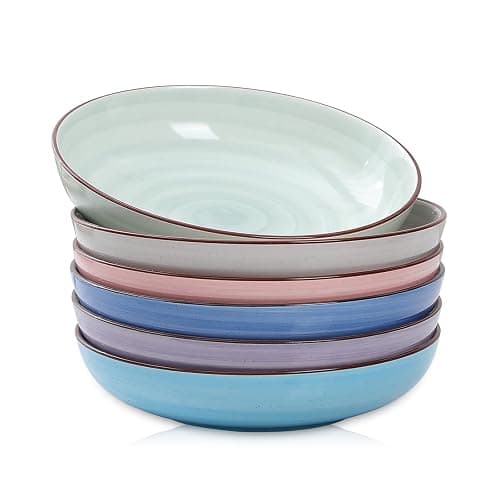 Selamica Porcelain 26 Ounce Salad Pasta Bowls, 8 inch Wide and Shallow Serving bowls, Microwave & Dishwasher Safe, Sturdy & Stackable, Set of 6, Gradient Color - Image 1