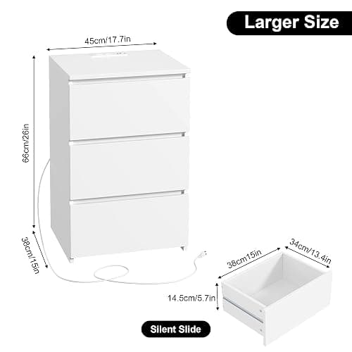 FOTOSOK White Nightstand, 26" H Night Stand with Charging Station, White Nightstand with USB Ports & Power Outlets, Silent Slides, Wooden End Side Table Bedside Table with 3 Drawers for Bedroom thumbnail 2