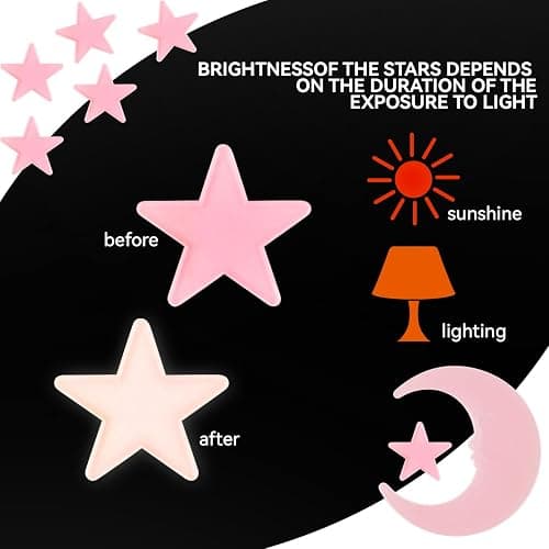 100 Stars and 1 Moon Glow in The Dark Luminous Fluorescent 3D Plastic Glow Stars Moon for Ceiling, Glowing Wall Stickers Create a Realistic Starry Sky, Room Decorations (Pink) thumbnail 6