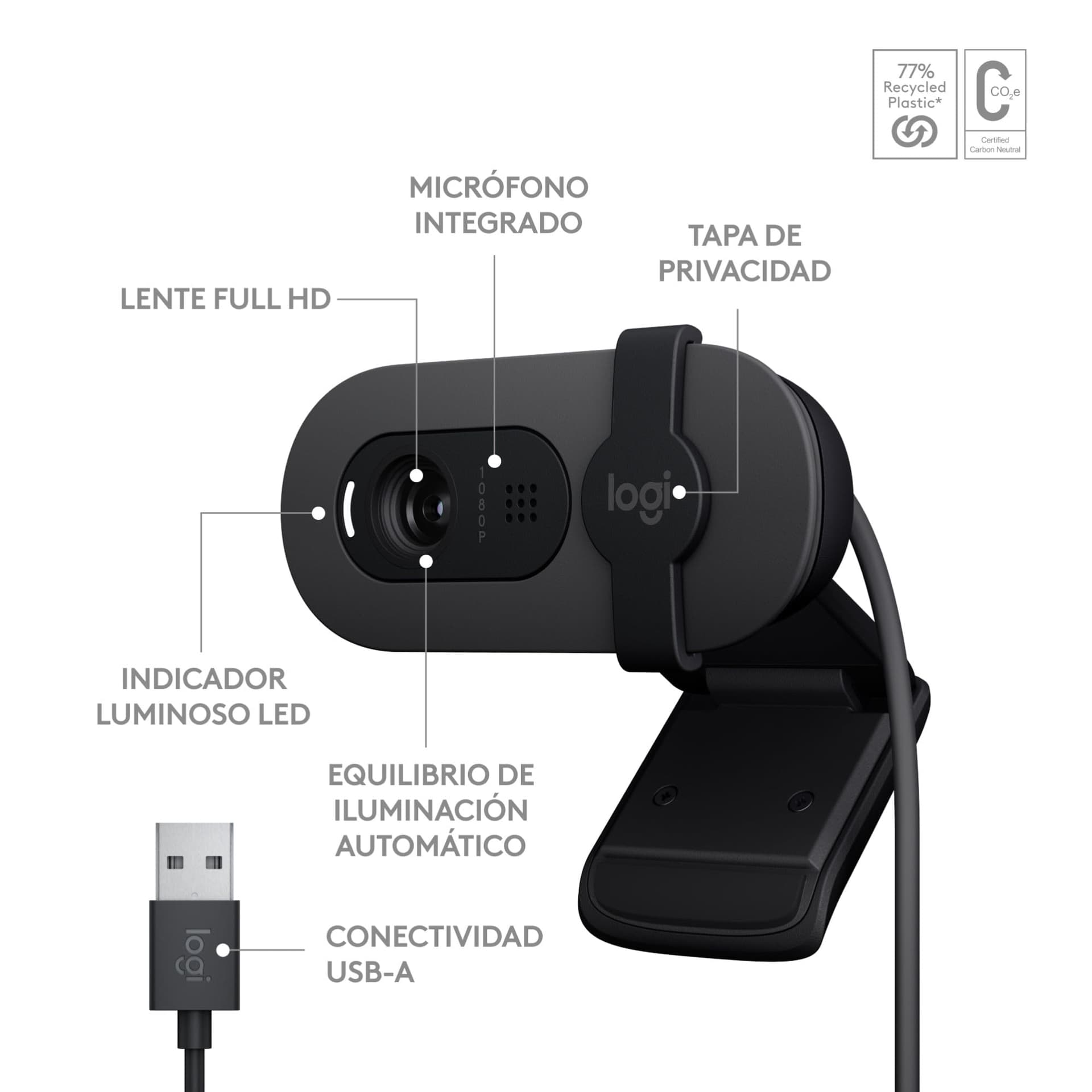 Logitech Brio 100, cámara Web Full HD para reuniones y Streaming, Equilibrio iluminación automático, micrófono Integrado, Tapa de privacidad, USB-A, para Microsoft Teams, Google Meet, Zoom - Grafito thumbnail 6