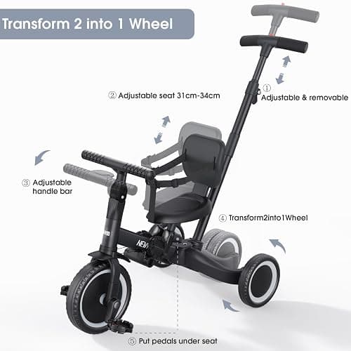 newyoo Toddler Bike, Tricycle w Push Handle for 1-3 Year Old, Birthday Gifts and Toys for Boy's and Girl's Birthday, Convertible 5 in 1 Baby Balance Bike, Kids Outdoor Riding Toys, Black, TR007 thumbnail 5
