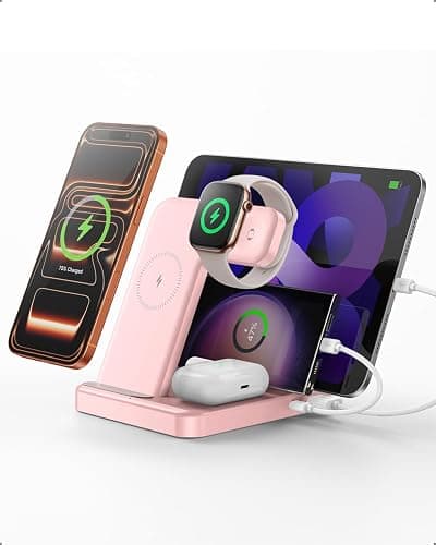 Caxdon Multiple Devices Charging Station, 5-in-1 Charging Station for iPhone 17 Pro Max/Pro/16/15/14/13/12, iPad Pro/Air/Mini, Apple Watch and Airpods,Wireless Charging Dock(G805) (Pink) - Image 1