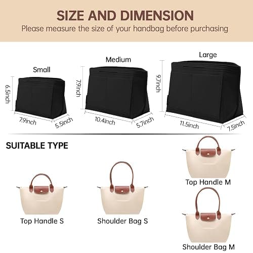 OPPOSHE Purse Organizer Insert for Longchamp Le Pliage, Premium Felt Long Champ Bag Handbag Women, Tote Organizer Insert with 9 Compartments (Large, Black) thumbnail 2