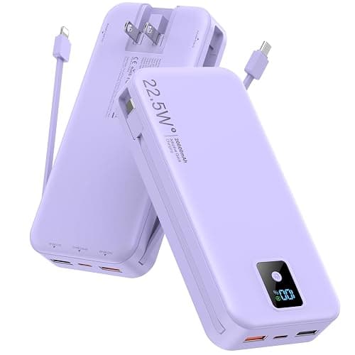 Rngsnoy Portable Charger 20000mAh 22.5W w/Built-in Cable & Wall Plug Purple | High capacity, Fast charging, Built-in cables & wall plug, LED display, Charge 5 devices at once, Pass through, TSA approved - Image 1