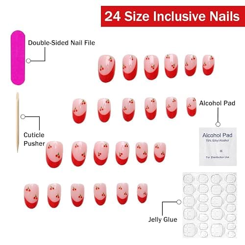Cute Press on Nails Short Almond French Tip Fake Nails Full Cover Petite False Nails with Cherry Designs Red Glossy Glue on Nails Acrylic Nails Manicure Artificial Nails for Women Girls 24Pcs thumbnail 2