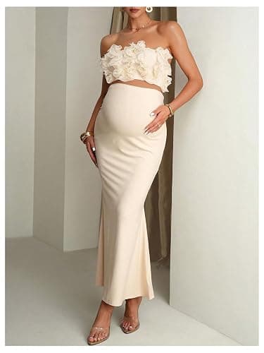 SweatyRocks Women's Maternity 2 Piece Sets Off Shoulder Outfits Photoshoot | Pregnancy Formal Outfits, Crop Tube Top Fishtail Maxi Skirt Outfits, Cocktail Music Festival Outfits thumbnail 4
