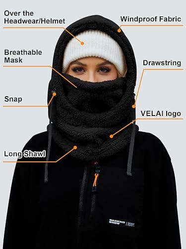 VELAI Balaclava Fleece Ski Mask for Men Women Winter Face Masks Windproof Hooded Scarf Cold Weather Hat Neck Warmer thumbnail 4