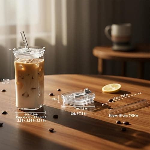 Vibinz Glass Cups with Lid and Straw, 12oz/350ml Clear Glass Coffee Tumbler for Iced Drinks, Tea, Smoothies, Latte and Matcha, Reusable Drinking Glass Set, Cute Cups for Home, Kitchen Essentials thumbnail 3