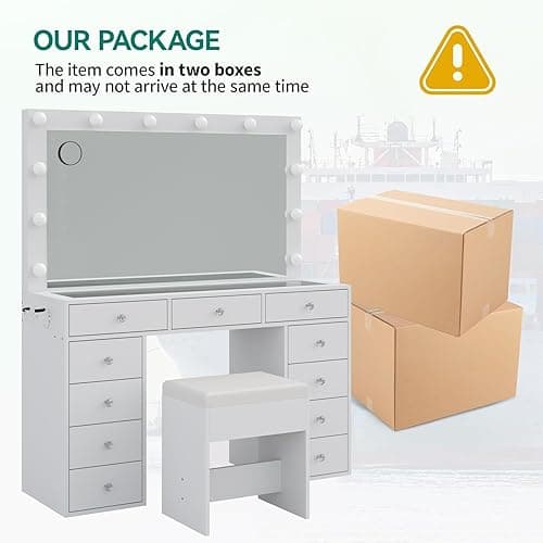 Yanosaku Vanity Desk & Power Outl, Makeup Vanity with Mirror and 12 LED Lights, Makeup Table with 11 Drawers, Vanity Table with Chair,Set 3 Lighting Modes Brightness Adjustable-(White) thumbnail 10