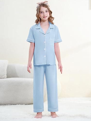 QZH.DUAO Girl & Women's 100% Cotton Short Sleeves and Long Pants Pajama Set,2-Piece, 5 Years - Large thumbnail 2