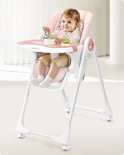 Babilous Foldable High Chair with Soft Cushion, High Chairs for Babies and Toddlers, Height Adjustable Feeding Chair, Adjustable Backrest and Footrest, Lockable Wheels, Star Pink thumbnail 2