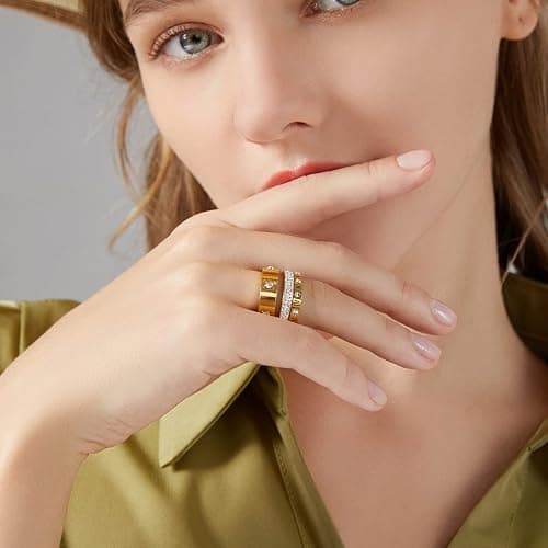 YIKOXI Love Friendship Gold Rings Set for Women 18K Gold Plated Titanium Steel Dainty Cubic Zirconia Rings Fashion Stacking Bands Valentines Day Mother's Day Christmas Day Best Gifts thumbnail 5