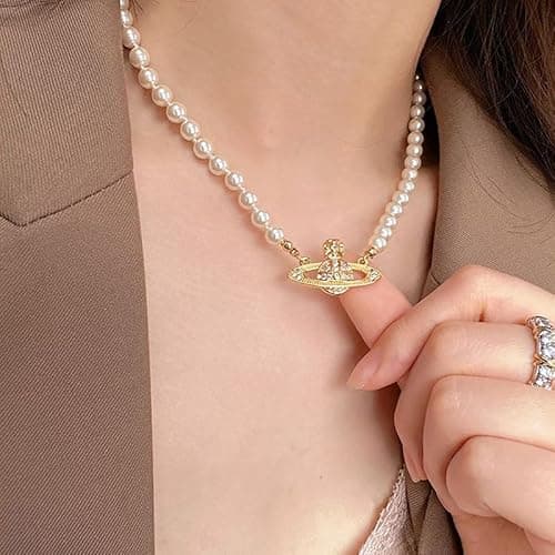 Pearl Saturn Necklace for Women Rhinestone Planet Choker Artificial Pearl Necklace Birthday Party Anniversary Ladies' Wedding Charm Jewelry Gift thumbnail 7