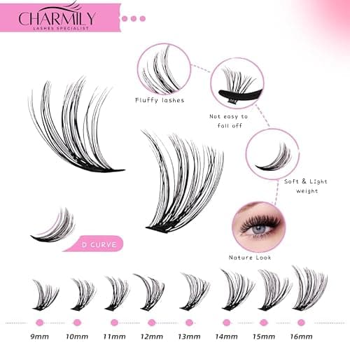 Charmily DIY Lash Clusters Kit – 280pcs Volume Lashes clusters, D Curl Soft Wispy Lash extension kit 40D+50D Mix 9-16mm Eyelash Cluter Glue Bond Seal & Remover and tweezers, Easy At-Home Application thumbnail 7