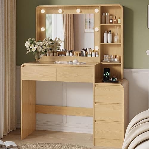 TOKSOM Vanity Table with Drawer Dresser, 39.3”Farmhouse Vanity Makeup Desk with Charging Station, Vanity Desk with Lights Mirror & 5 Drawers for Makeup, Vanity Desk with Multi Storage Shelves Natural - Image 1