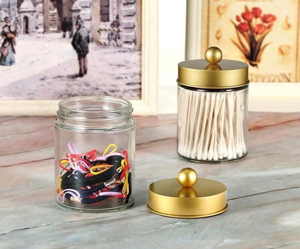 Amolliar Apothecary Jar Bathroom Storage Qtip Holder Glass, Gold 2Pack | for Bathroom Vanity Storage, Countertop, Farmhouse Style, Holds Cotton Swabs, Dental Floss, Makeup Sponges thumbnail 7