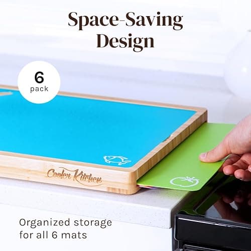 Cutting Boards for Kitchen – Bamboo Cutting Board Set with 6 Color-Coded Flexible Chopping Mats, Easy Clean Wood and Dishwasher-Safe Plastic, Large 17×12, Knife-Friendly by Cooler Kitchen - Natural thumbnail 5