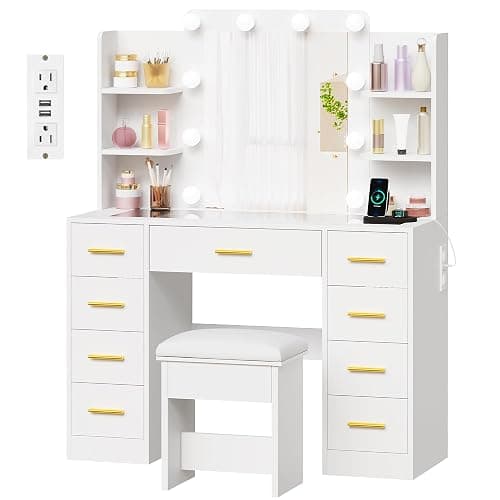 BEWISHOME Large Vanity Desk with Mirror and Lights,Glass Top,9 Drawers | White Makeup Vanity Table with 4 Storage Shelves,Dressing Table with Power Outlet,Vanity Stool for Women,Girls,Bedroom FST39 thumbnail 6