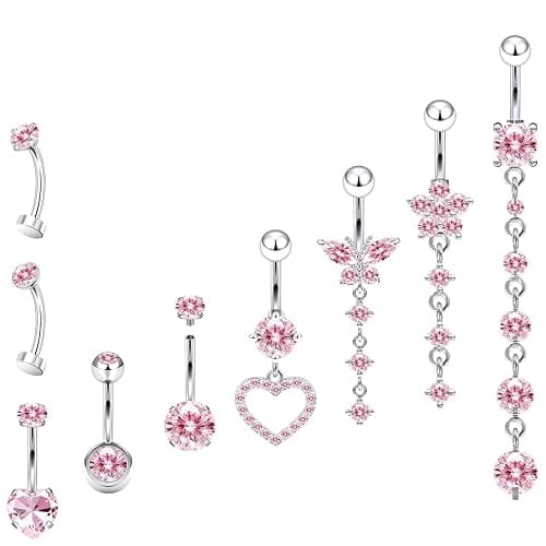 Gnznzko 14G Belly Button Ring Piercing Surgical Steel Clear Pink CZ Dangling Floating Navel Rings 10MM Length Hypoallergenic Heart Flower Butterfly Belly Piercing Jewelry for Women Men Silver Gold - Image 1