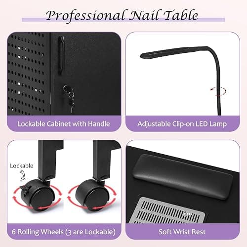 AGESISI Nail Desk for Nail Tech Manicure Table with Dust Collector Charging Station, Nail Tech Table with 4 Storage Drawers, LED Lamp, Lockable Wheels, Nail Station for Home & Spa Salon, Black thumbnail 7