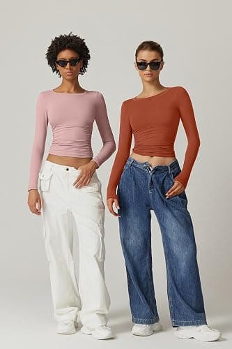 QINSEN Womens Crewneck Long Sleeve Shirt Double Lined Basic Tees Side Ruched Going Out Crop Tops thumbnail 6