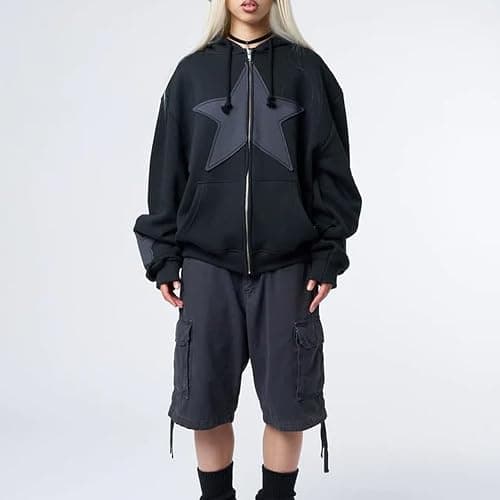 Karwuiio Women Y2k Zip Up Hoodies Star Graphic Long Sleeve Jackets Hip Hop Harajuku Oversized Hooded Sweatshirt thumbnail 5