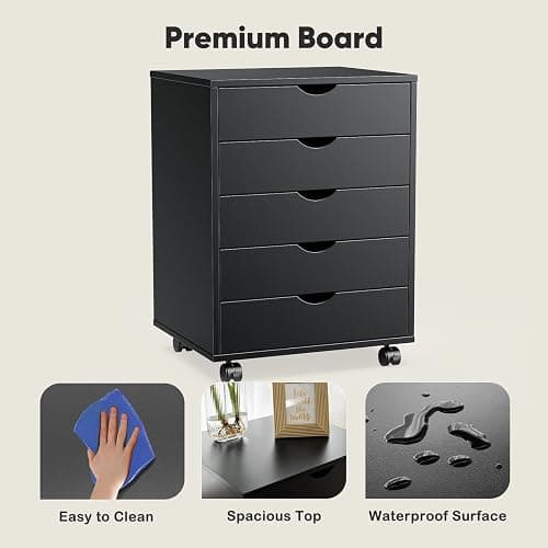 OLIXIS 5 Drawer Mobile File Cabinet Under Desk Storage Organization with Wheels Vertical Filing Chest Rolling Wood Small Desk Printer Stand for Home Office, 15.75"D x 18.74"W x 25.39"H, Black thumbnail 6