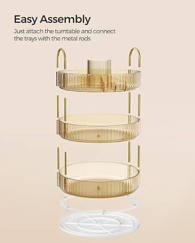 SONGMICS Makeup Organizer, 3-Tier Round Rotating Skincare Organizer Countertop, Customizable, Toiletries Vanity Organizer, Lazy Susan, Christmas Gift, Champagne Gold UJKA011A01 thumbnail 5