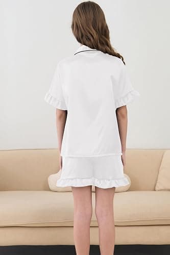 Hupohoi Summer Satin Pajama 2 Pieces Ruffles Sleeve Shorts Loung Sets Button Down Sleepwear for Teen Girls with Pockets thumbnail 2