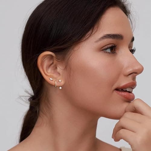 6 Pairs 14K Gold Plated Stud Earrings for Women, Hypoallergenic Cartilage Earrings for Multiple Piercing, Dainty Small Stackable Earrings Jewelry Set thumbnail 3