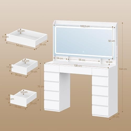 Hzuaneri Dressing Table, Vanity Desk with Power Strip, Vanity Table with Mirror and Lights, Adjustable Brightness, Makeup Desk with 11 Drawers, 3 Storage Compartments for Bedroom White DT43003XUK thumbnail 2