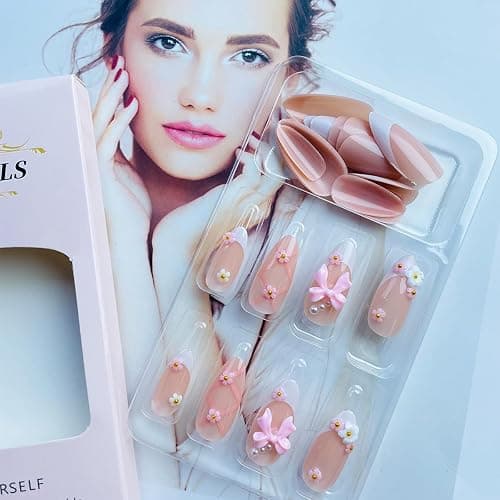 NEWSPIED French Press on Nails Medium Almond Fake Nails with 3D Flower Pink Bow Nails Design Glossy False Nails Valentines Cute Acrylic Nails White French Tip Glue on Nails for Women 24Pcs thumbnail 4