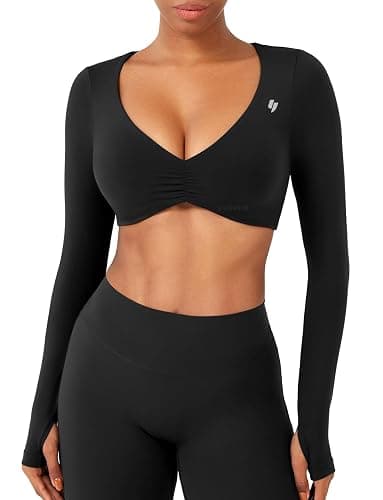 YEOREO Long Sleeve Crop Tops for Women Agantha Deep V Neck Ruched Padded Workout Gym Cropped T Shirt Top with Thumb Holes - Image 1