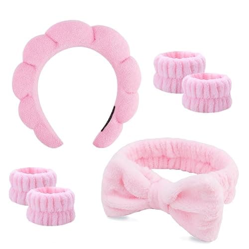 Cozy Manor Skincare Headband Spa Headband for Women Cute head band for washing face Soft Elastic Skin Care Headband and Wristband Set Pink - Image 1