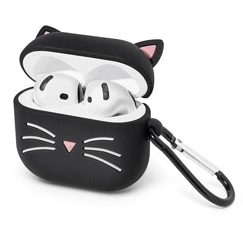 Mouzor for AirPods 4 Case, Cute Black Whisker Cat AirPods 4th Generation (2024) Case Funny 3D Cartoon Animal Shockproof Soft Silicone Charging Cases Cover with Carabiner for Kids Girls Women - Image 1