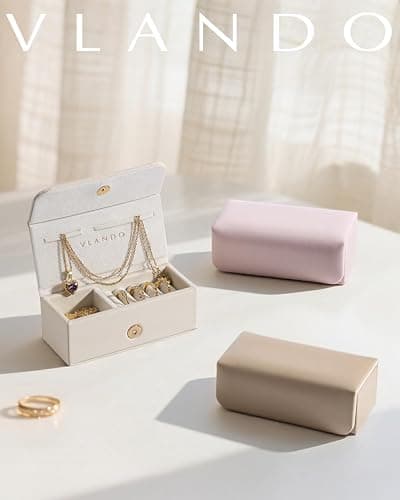 Vlando Small Jewelry Box, Mini Jewelry case for Rings Necklace Earrings, Portable Jewelry Storage Organizer with Magnetic Switch,Birthday,Christmas Gift for her - Cream White thumbnail 2