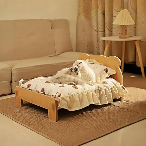 JUNTITE Cat Bed with Quilt - Wooden Indoor Pet Bed for Cats, Dogs, Rabbits, Kittens and Small Animals - 20.4 x 15.3 Inch thumbnail 7