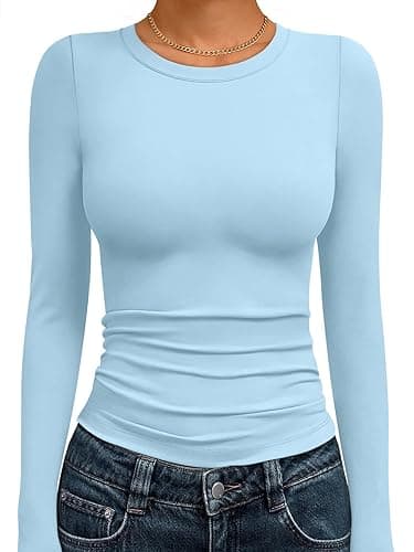 Trendy Queen Womens Long Sleeve Shirts Fall Fashion 2025 Basic Crop Tops Going Out Workout Outfits Y2k Clothes - Small - Baby Blue
